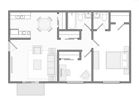 Floor plan for 2 beds, 1.5 baths, 696 sqft
